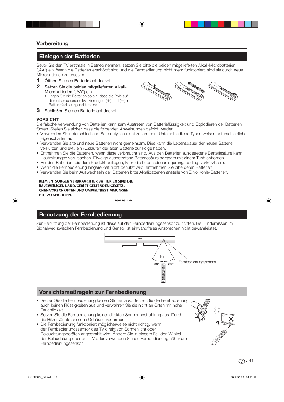 Einlegen der batterien, Vorsichtsmaßregeln zur fernbedienung, Benutzung der fernbedienung | Pioneer KRL-37V User Manual | Page 109 / 338
