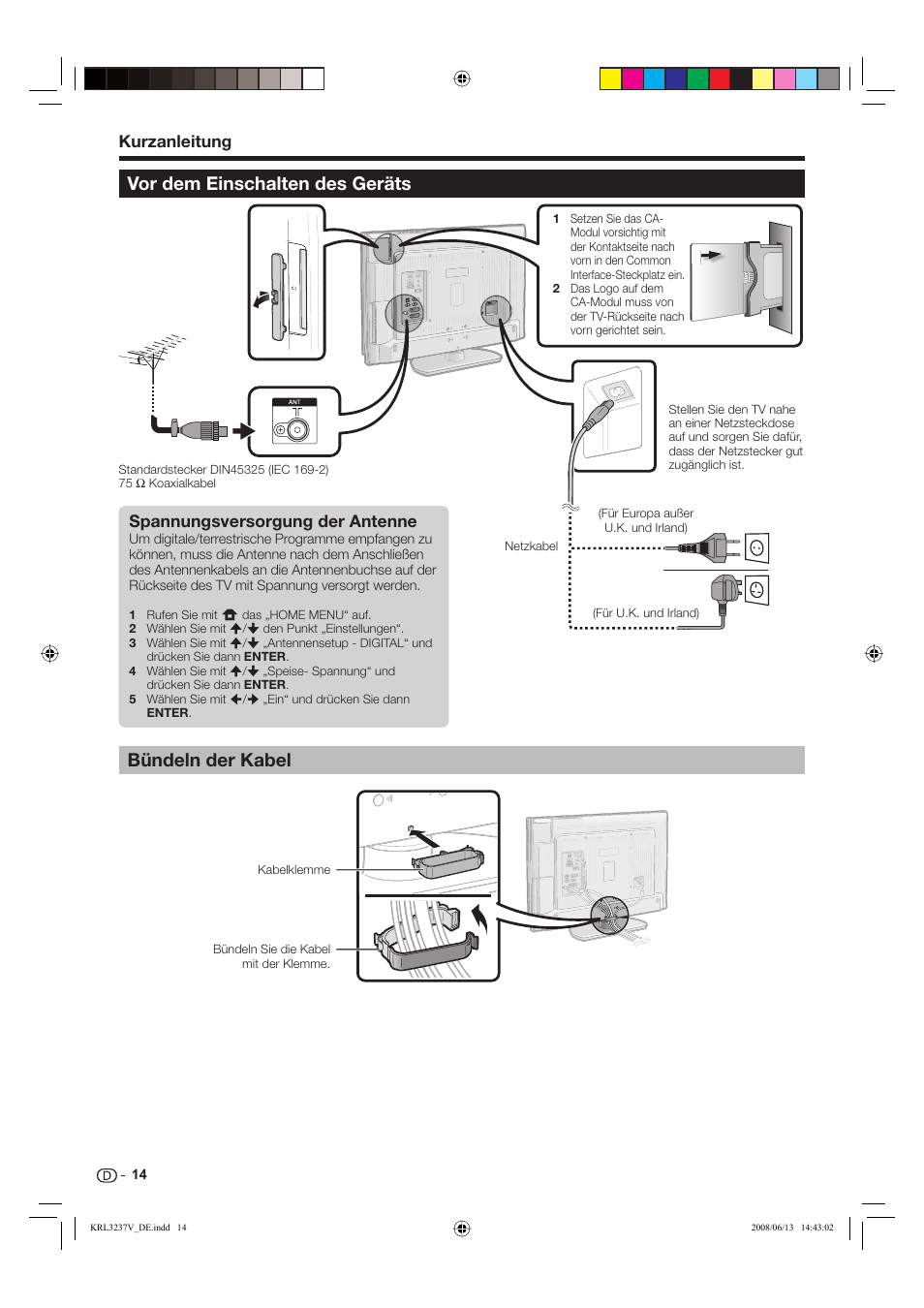 Bündeln der kabel vor dem einschalten des geräts, Kurzanleitung spannungsversorgung der antenne | Pioneer KRL-37V User Manual | Page 112 / 338