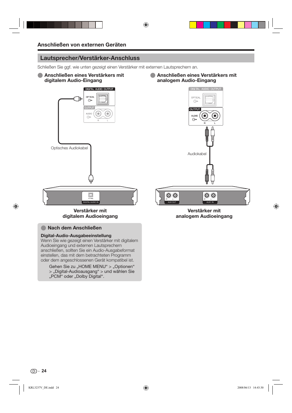 Lautsprecher/verstärker-anschluss, Anschließen von externen geräten, Nach dem anschließen | Pioneer KRL-37V User Manual | Page 122 / 338