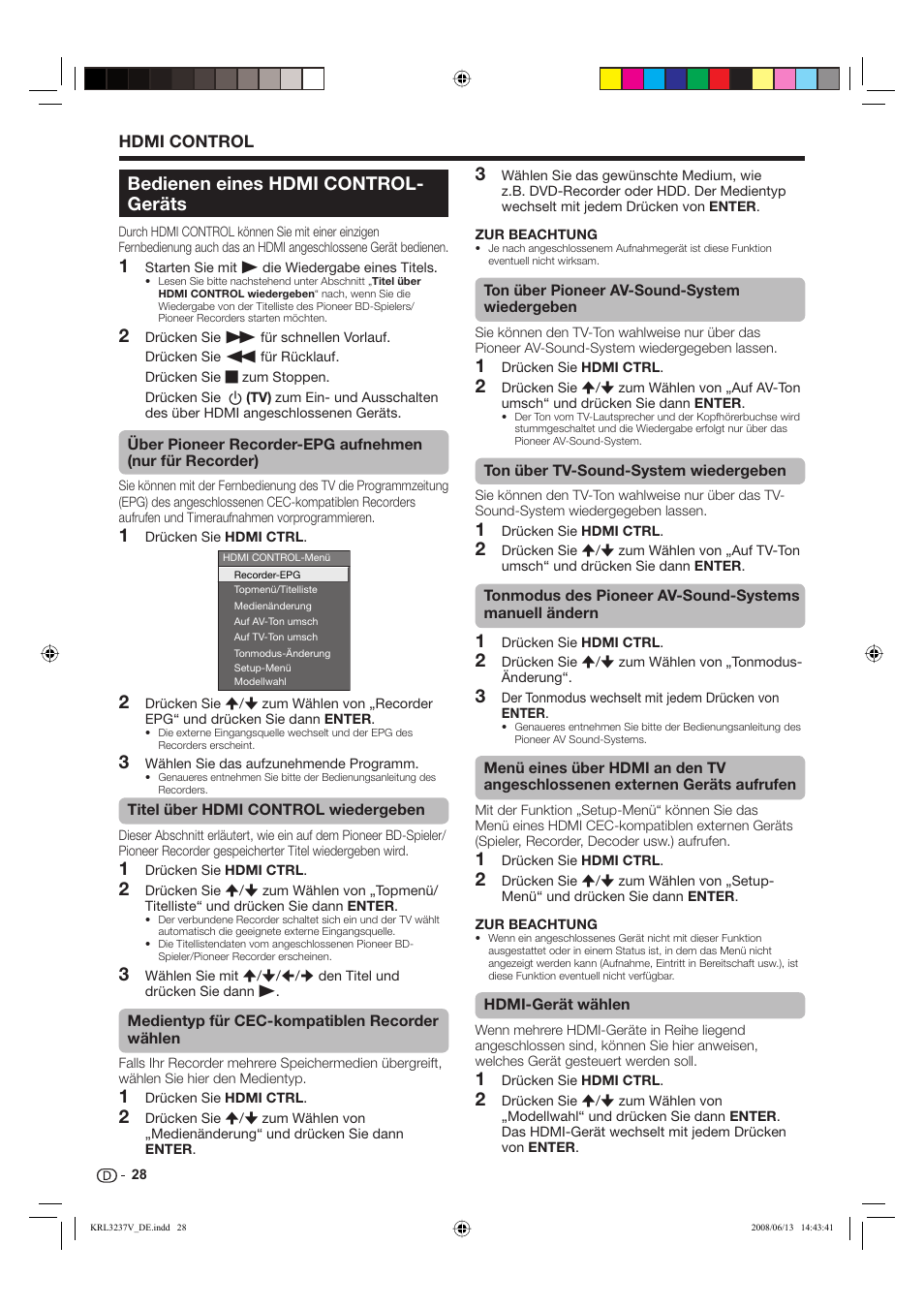 Bedienen eines hdmi control- geräts | Pioneer KRL-37V User Manual | Page 126 / 338