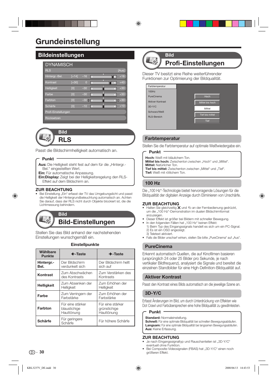 Grundeinstellung, Profi-einstellungen, Bild-einstellungen | Bildeinstellungen, Farbtemperatur, 100 hz, Purecinema, Aktiver kontrast, 3d-y/c, Bild | Pioneer KRL-37V User Manual | Page 128 / 338