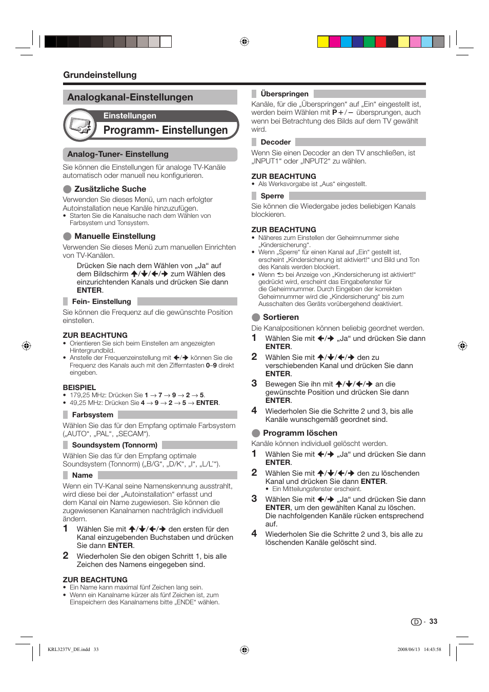 Programm- einstellungen, Analogkanal-einstellungen | Pioneer KRL-37V User Manual | Page 131 / 338