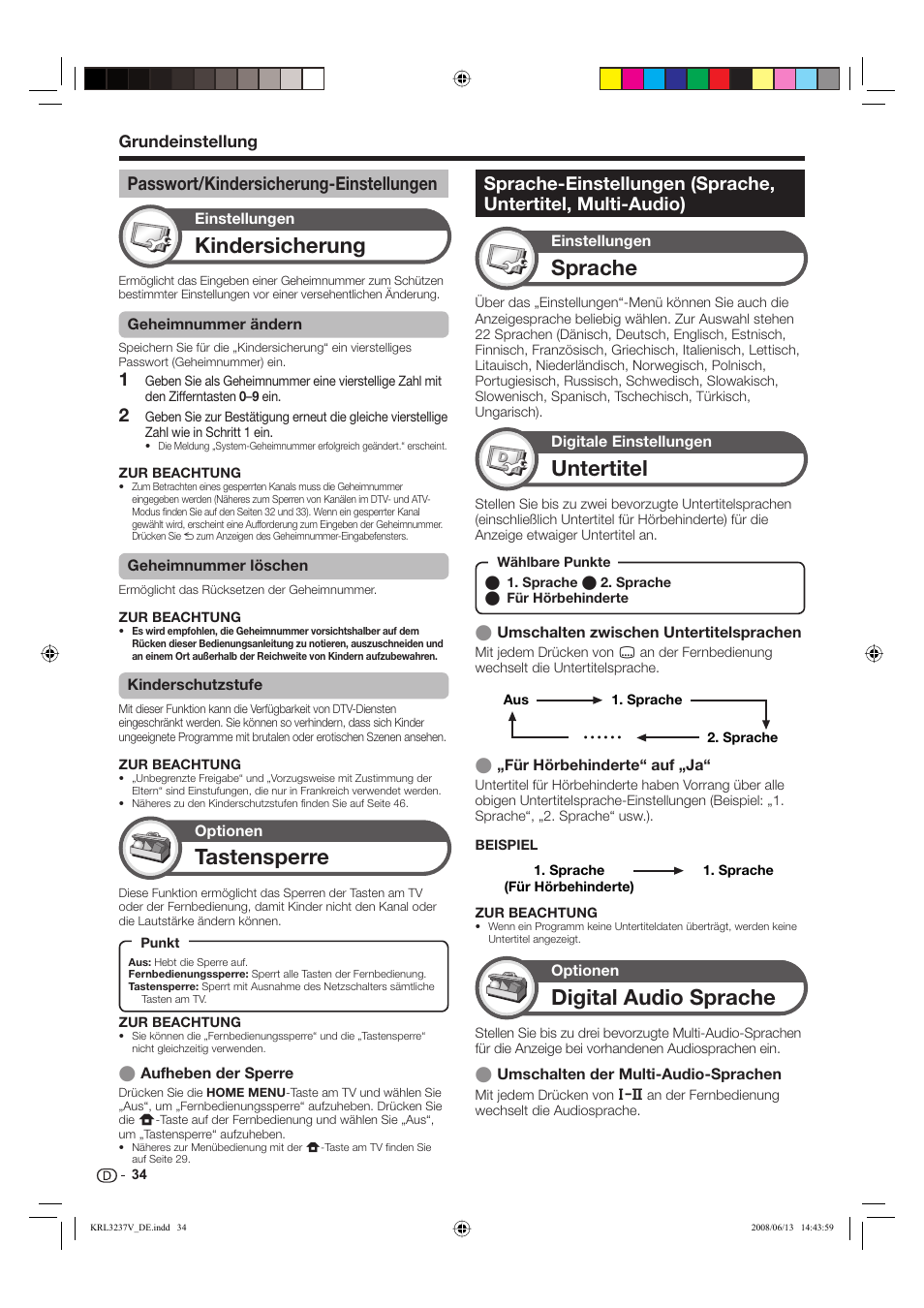 Kindersicherung, Sprache, Untertitel | Digital audio sprache, Tastensperre, Passwort/kindersicherung-einstellungen | Pioneer KRL-37V User Manual | Page 132 / 338