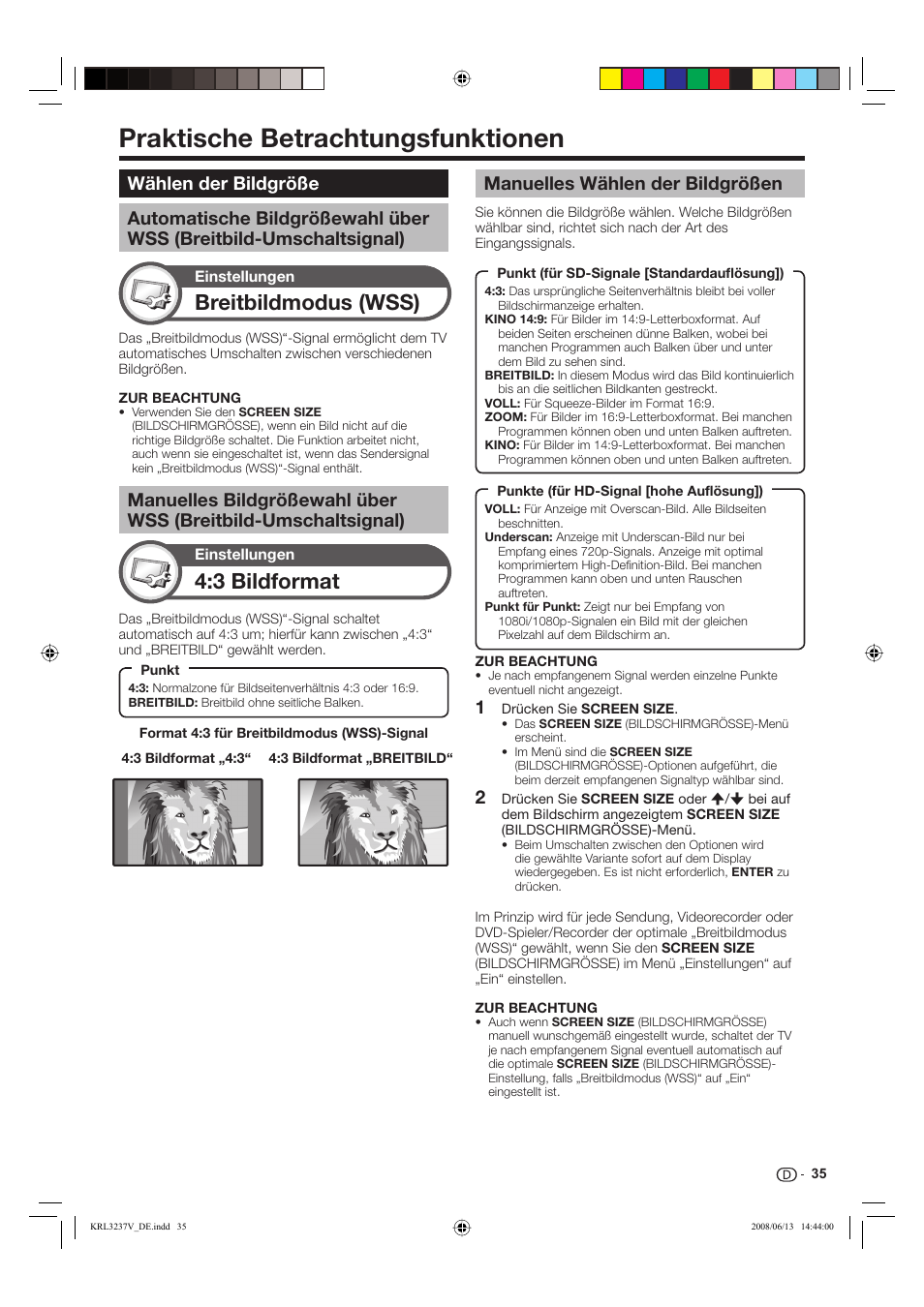 Praktische betrachtungsfunktionen, Breitbildmodus (wss), 3 bildformat | Manuelles wählen der bildgrößen | Pioneer KRL-37V User Manual | Page 133 / 338