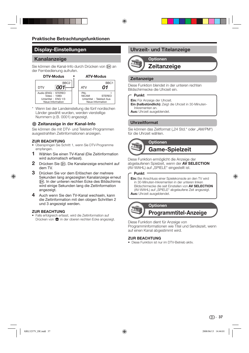 Zeitanzeige, Game-spielzeit, Programmtitel-anzeige | Display-einstellungen kanalanzeige, Uhrzeit- und titelanzeige, Praktische betrachtungsfunktionen | Pioneer KRL-37V User Manual | Page 135 / 338