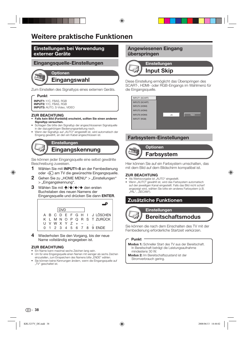 Weitere praktische funktionen, Eingangswahl, Eingangskennung | Input skip, Bereitschaftsmodus, Farbsystem, Farbsystem-einstellungen, Zusätzliche funktionen, Angewiesenen eingang überspringen | Pioneer KRL-37V User Manual | Page 136 / 338