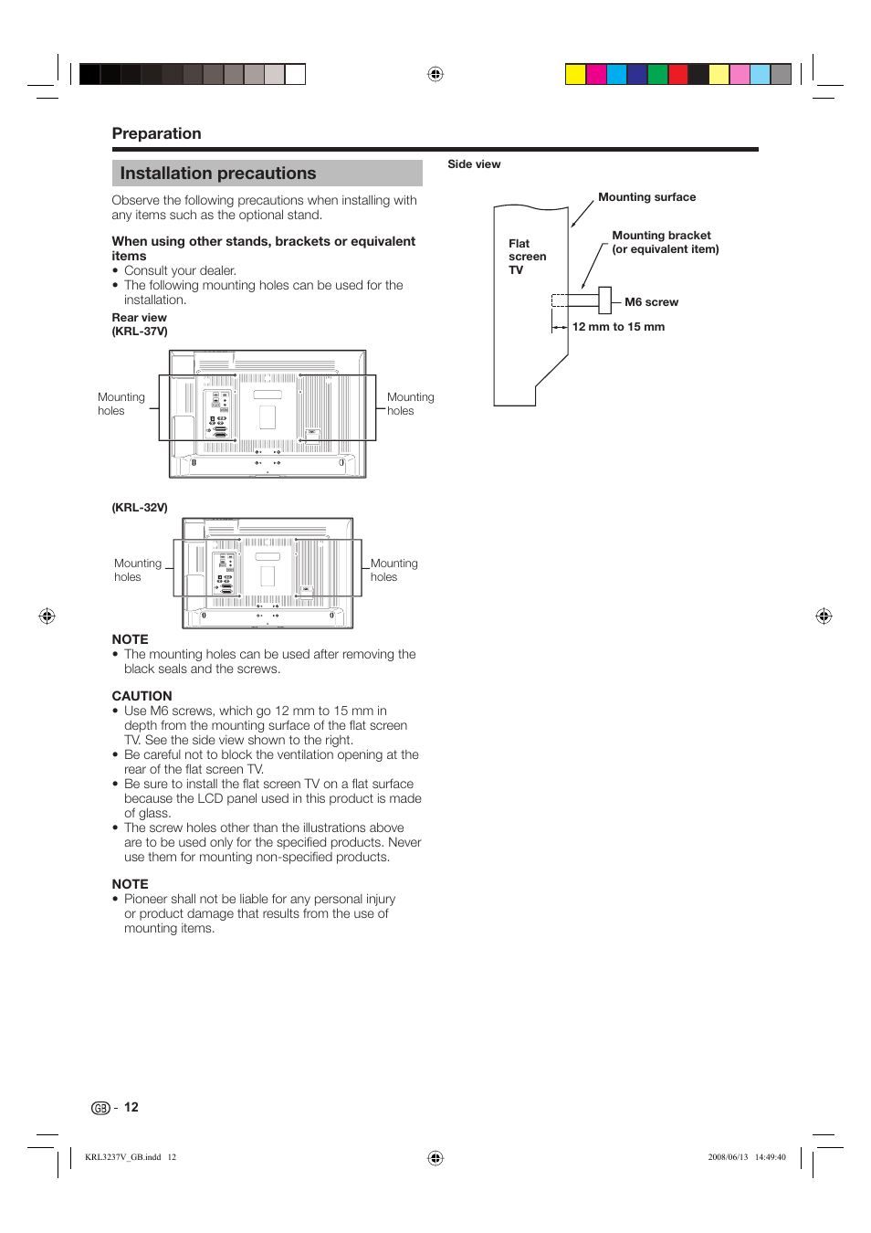 Installation precautions, Preparation | Pioneer KRL-37V User Manual | Page 14 / 338