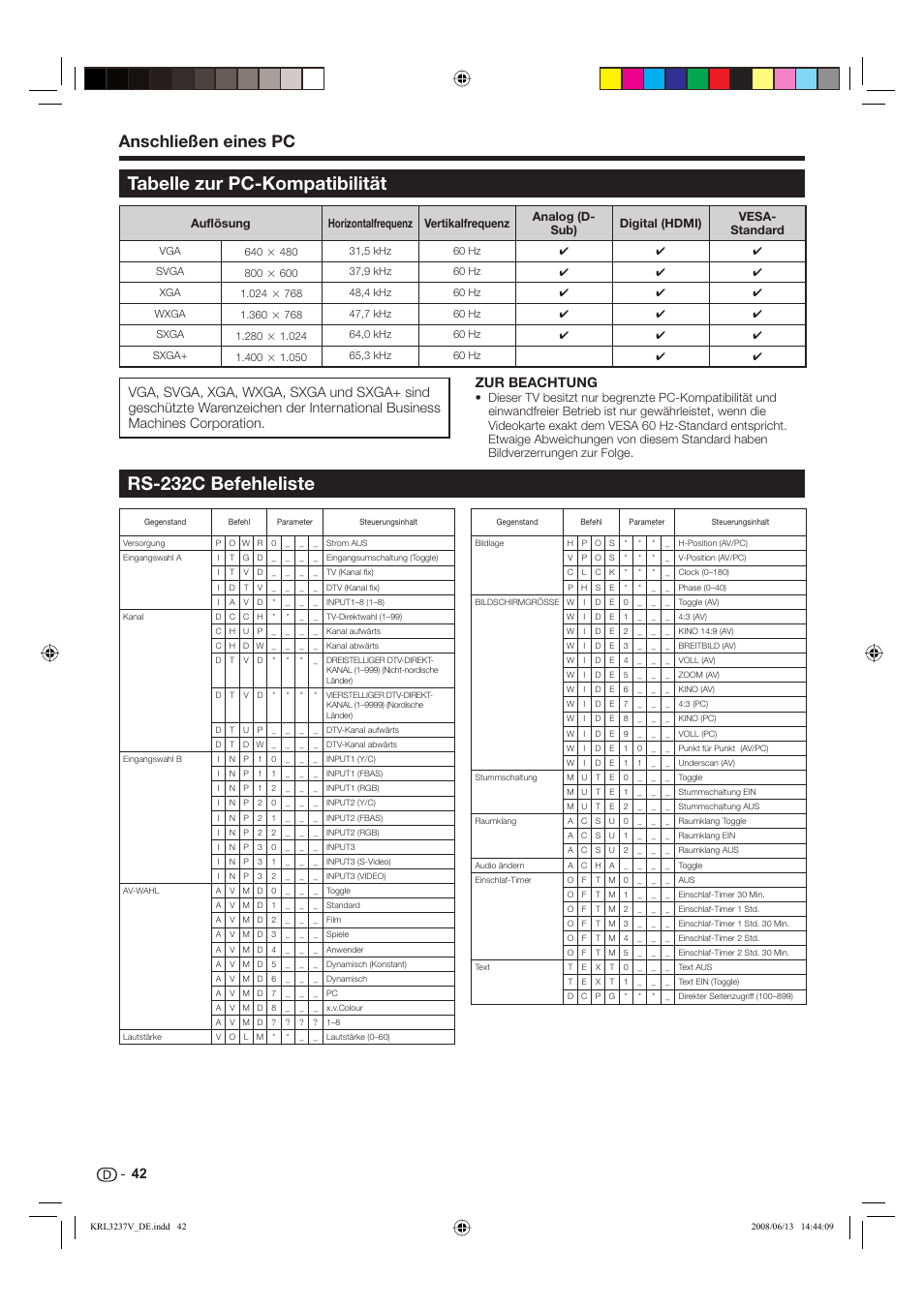 Tabelle zur pc-kompatibilität, Rs-232c befehleliste, Anschließen eines pc | Zur beachtung | Pioneer KRL-37V User Manual | Page 140 / 338