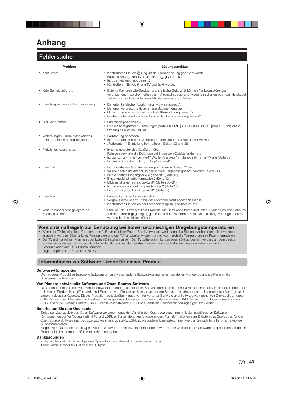 Anhang, Fehlersuche | Pioneer KRL-37V User Manual | Page 141 / 338