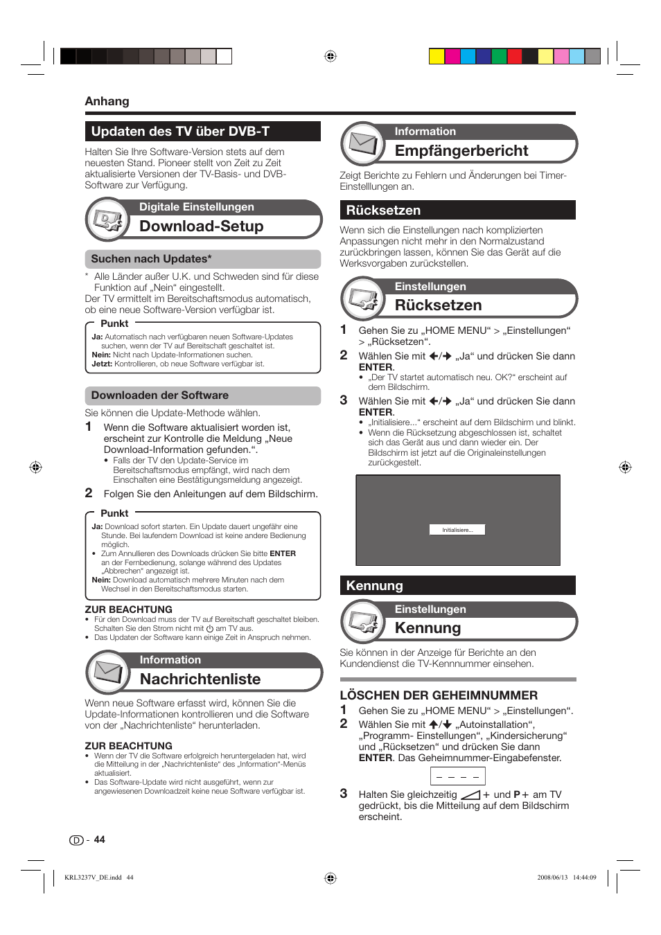 Download-setup, Nachrichtenliste, Rücksetzen | Kennung, Empfängerbericht, Updaten des tv über dvb-t | Pioneer KRL-37V User Manual | Page 142 / 338