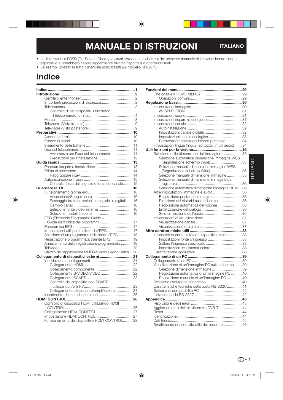 Manuale di istruzioni, Indice, Italiano | It aliano | Pioneer KRL-37V User Manual | Page 147 / 338