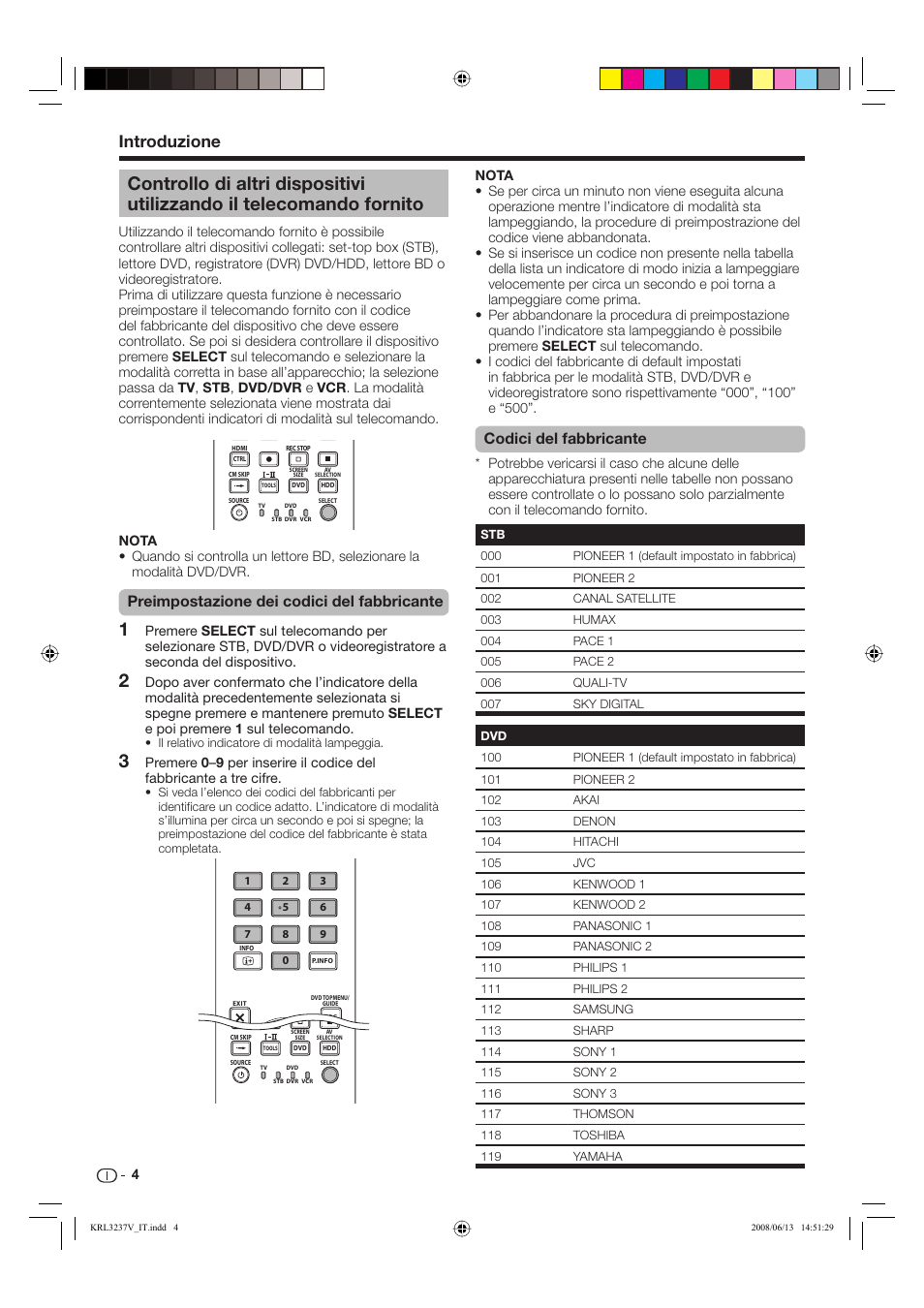 Introduzione, Preimpostazione dei codici del fabbricante, Codici del fabbricante | Pioneer KRL-37V User Manual | Page 150 / 338