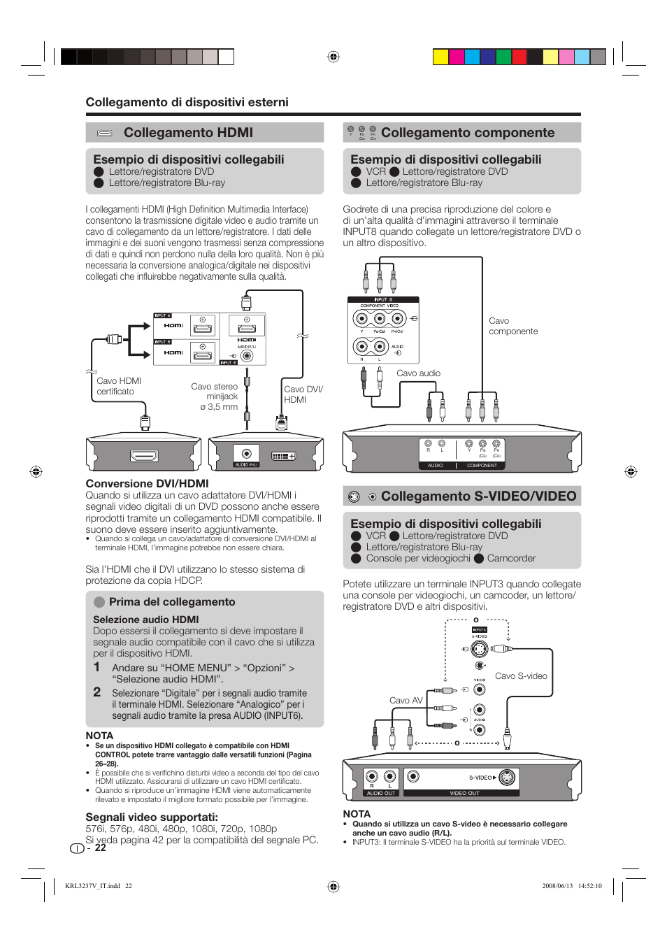 Collegamento hdmi, Collegamento componente, Collegamento s-video/video | Collegamento di dispositivi esterni, Esempio di dispositivi collegabili, Conversione dvi/hdmi, Segnali video supportati, Prima del collegamento | Pioneer KRL-37V User Manual | Page 168 / 338