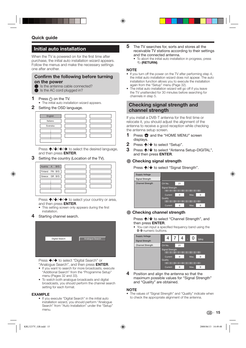 Initial auto installation, Checking signal strength and channel strength, Quick guide | Confirm the following before turning on the power, Checking signal strength, Checking channel strength | Pioneer KRL-37V User Manual | Page 17 / 338