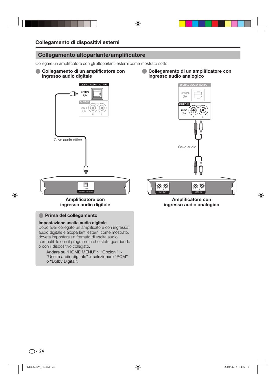 Collegamento altoparlante/amplificatore, Collegamento di dispositivi esterni, Prima del collegamento | Pioneer KRL-37V User Manual | Page 170 / 338