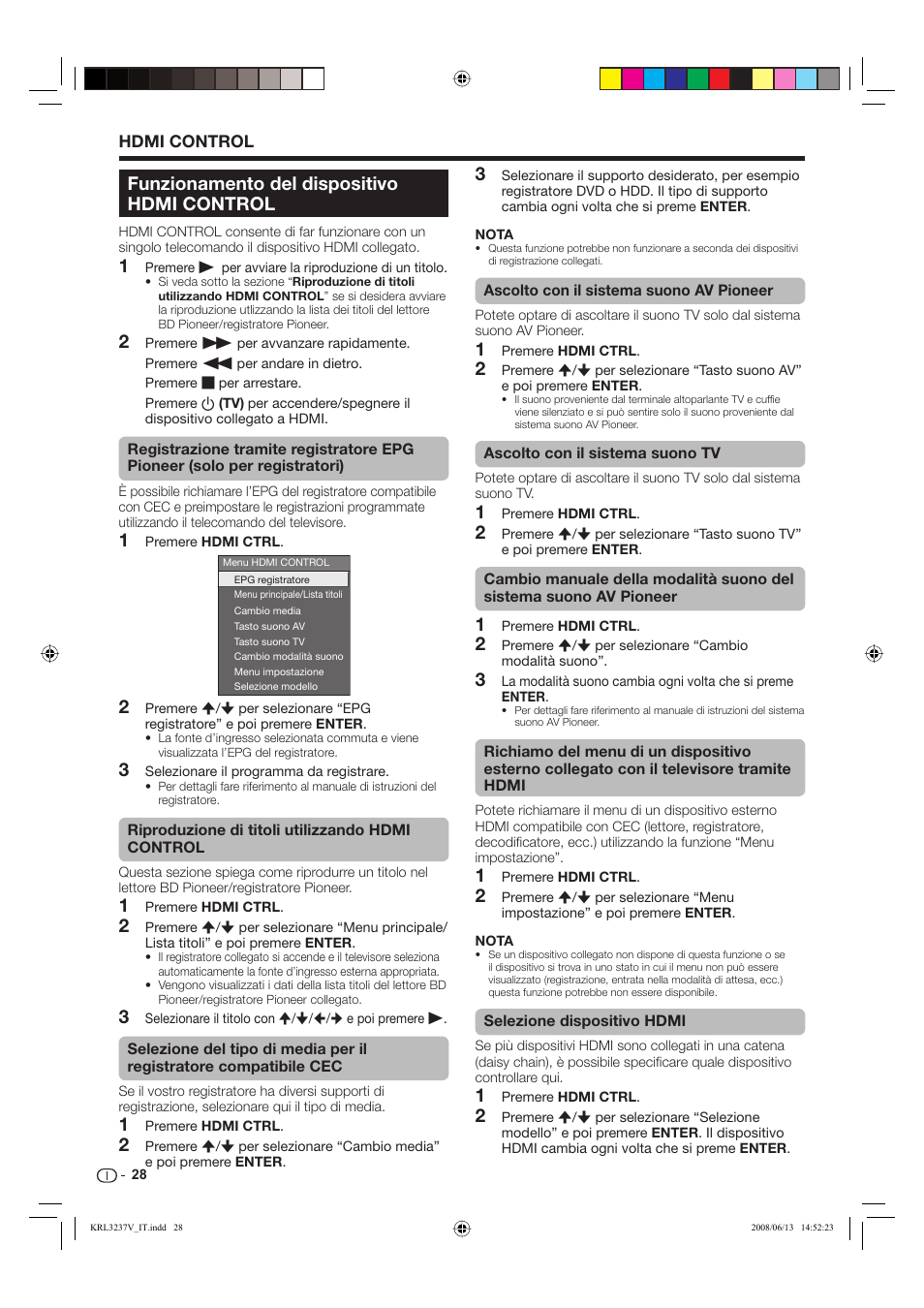 Funzionamento del dispositivo hdmi control | Pioneer KRL-37V User Manual | Page 174 / 338