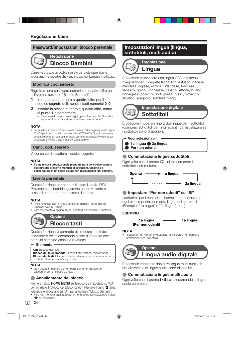 Blocco bambini, Lingua, Sottotitoli | Lingua audio digitale, Blocco tasti, Password/impostazioni blocco parentale | Pioneer KRL-37V User Manual | Page 180 / 338