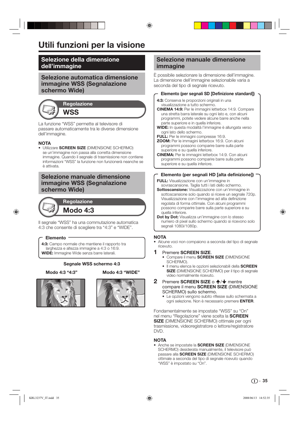 Utili funzioni per la visione, Modo 4:3, Selezione manuale dimensione immagine | Pioneer KRL-37V User Manual | Page 181 / 338