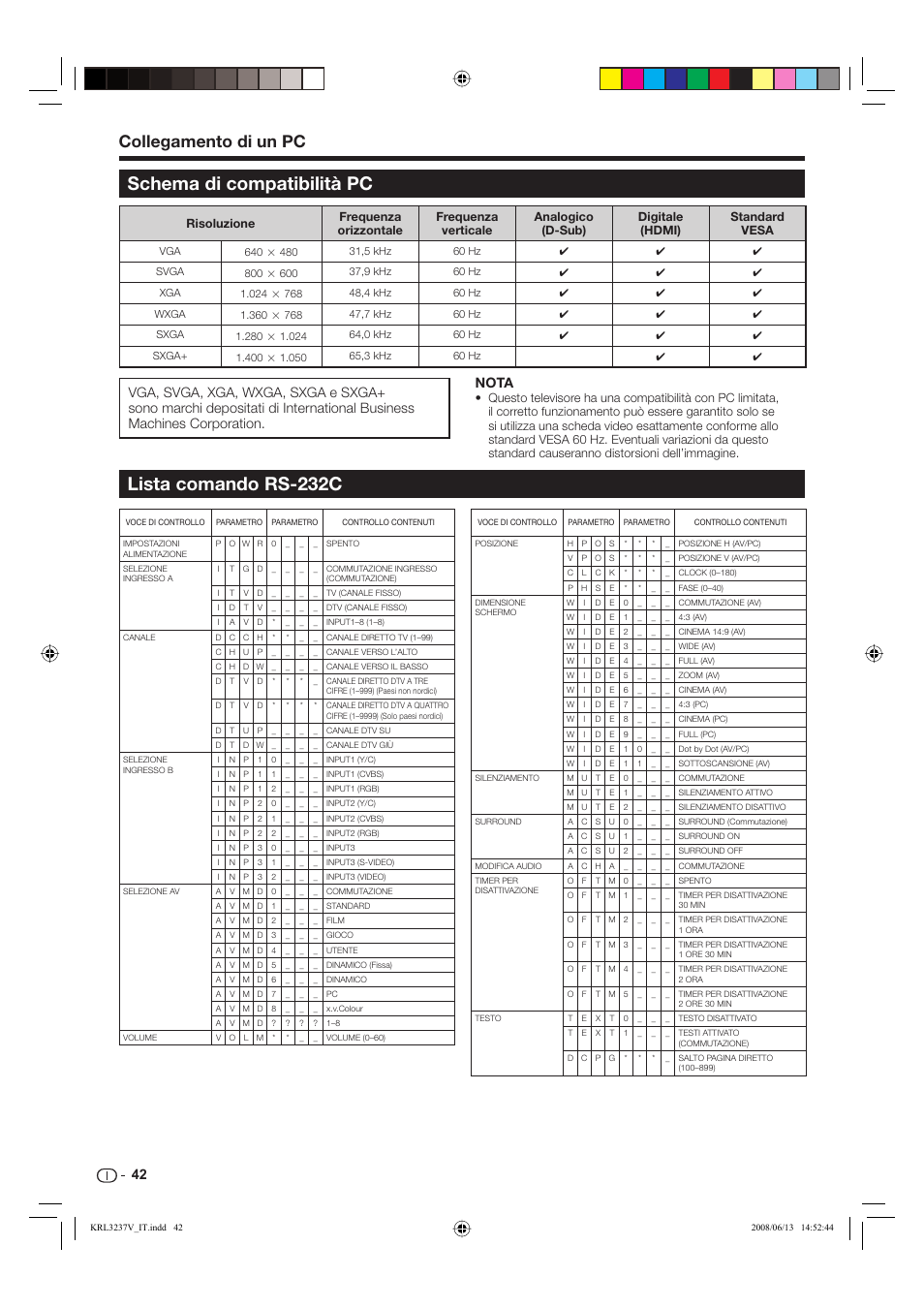 Schema di compatibilità pc, Lista comando rs-232c, Collegamento di un pc | Nota | Pioneer KRL-37V User Manual | Page 188 / 338
