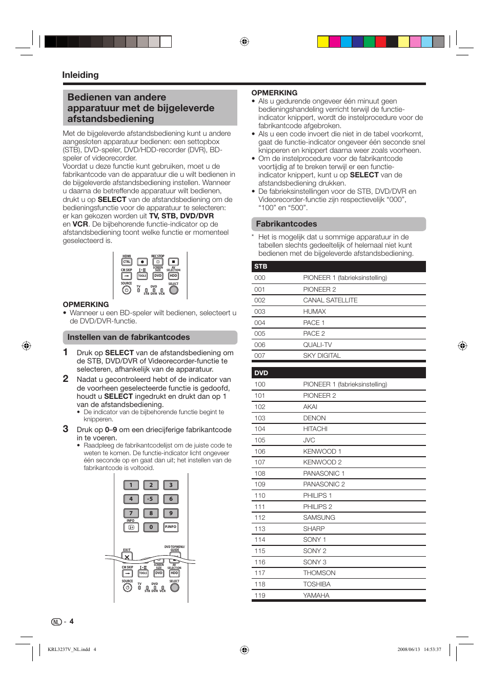 Inleiding, Instellen van de fabrikantcodes, Fabrikantcodes | Pioneer KRL-37V User Manual | Page 198 / 338
