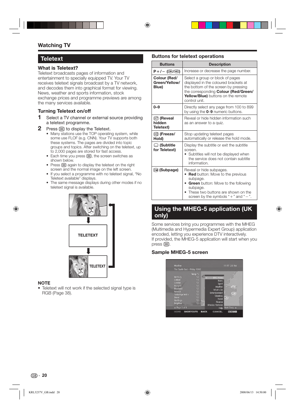 Using the mheg-5 application (uk only), Teletext, Watching tv | Pioneer KRL-37V User Manual | Page 22 / 338