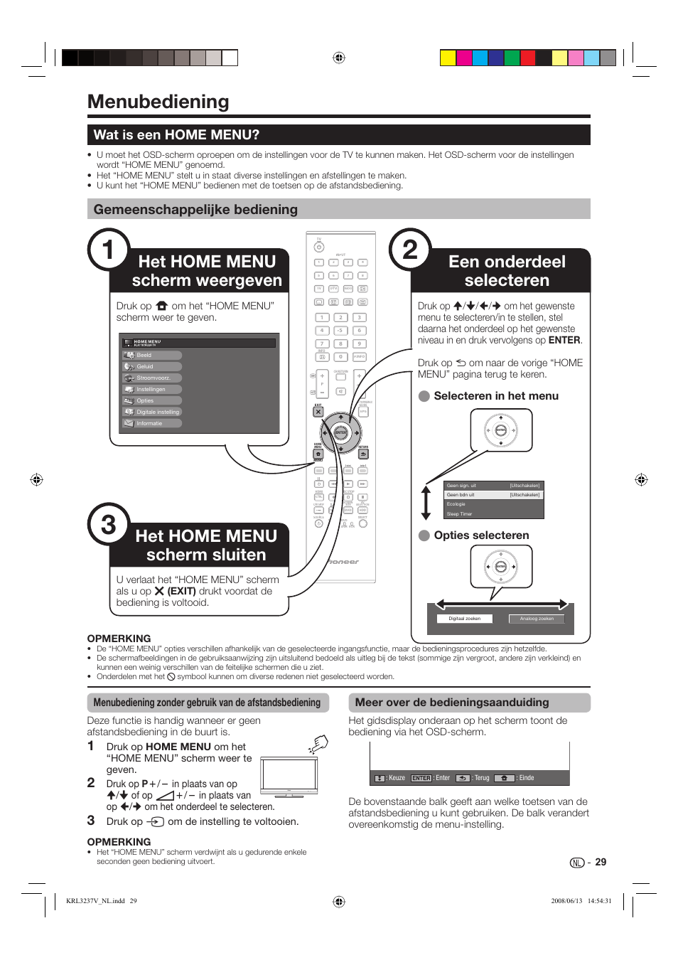 Menubediening, Wat is een home menu, Gemeenschappelijke bediening | Meer over de bedieningsaanduiding, Selecteren in het menu e opties selecteren e, Opmerking | Pioneer KRL-37V User Manual | Page 223 / 338