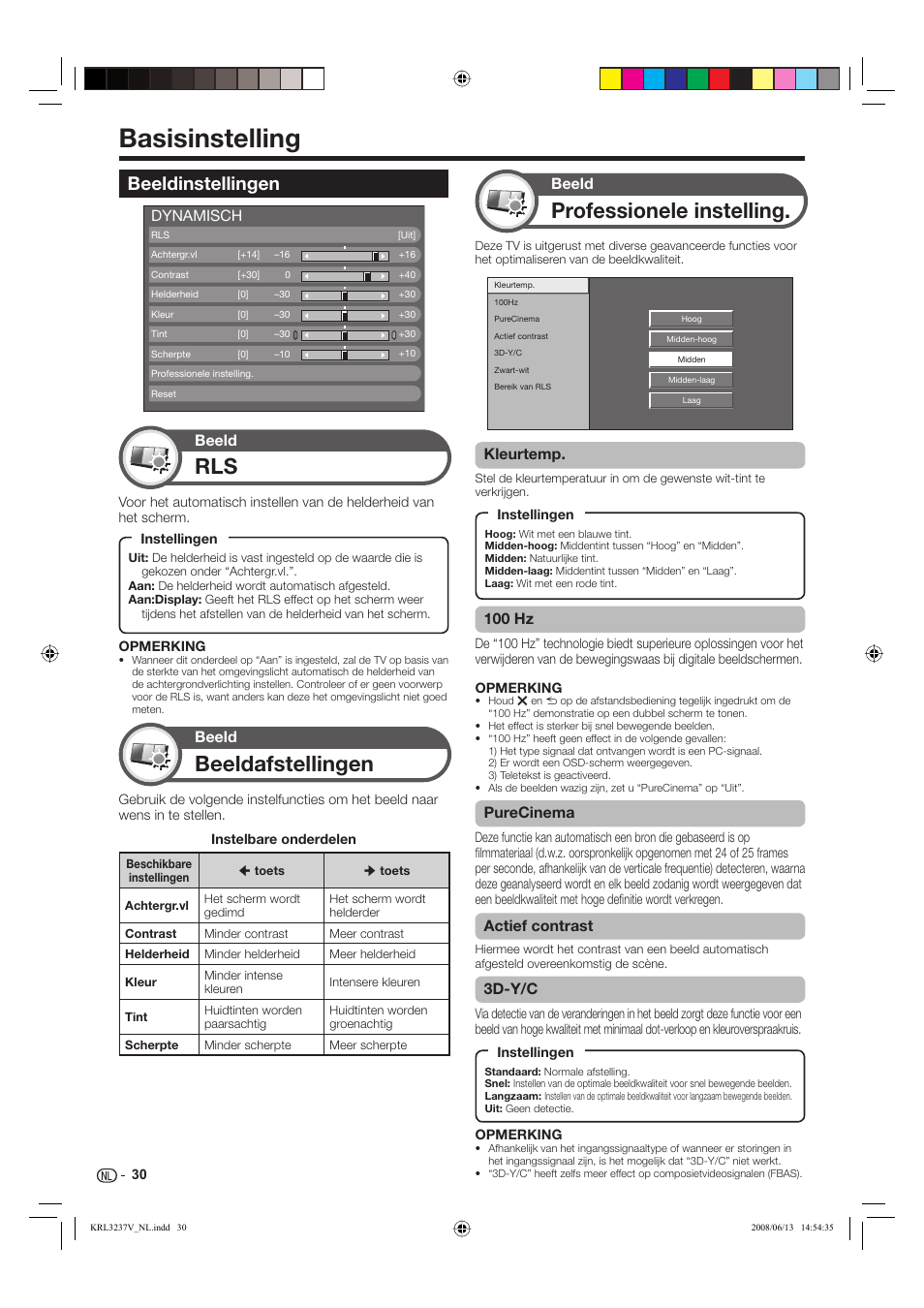 Basisinstelling, Professionele instelling, Beeldafstellingen | Beeldinstellingen, Kleurtemp, 100 hz, Purecinema, Actief contrast, 3d-y/c, Beeld | Pioneer KRL-37V User Manual | Page 224 / 338