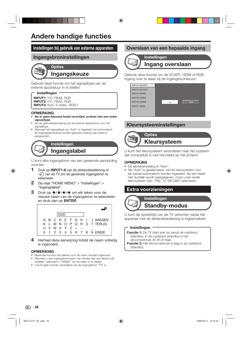 Andere handige functies, Ingangskeuze, Ingangslabel | Ingang overslaan, Standby-modus, Kleursysteem, Kleursysteeminstellingen, Extra voorzieningen, Overslaan van een bepaalde ingang | Pioneer KRL-37V User Manual | Page 232 / 338