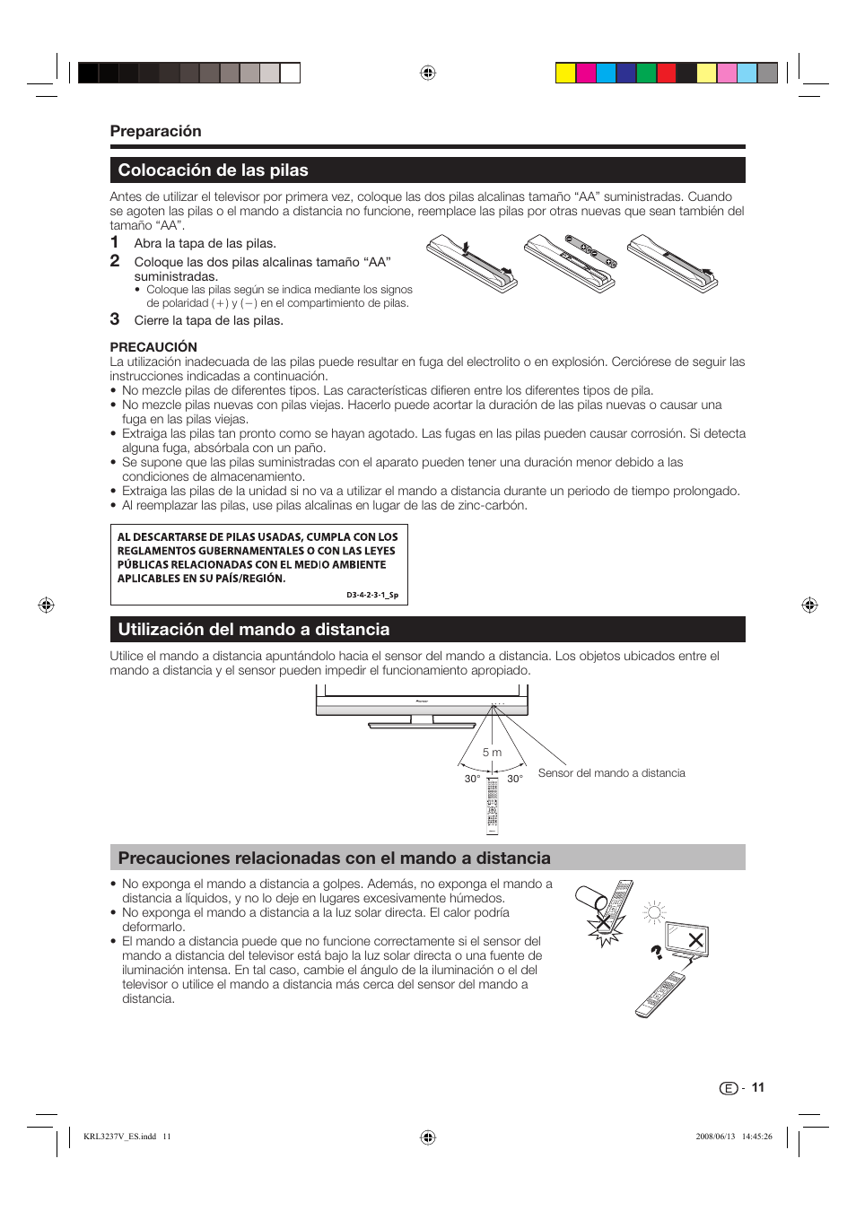 Colocación de las pilas, Precauciones relacionadas con el mando a distancia, Utilización del mando a distancia | Pioneer KRL-37V User Manual | Page 253 / 338