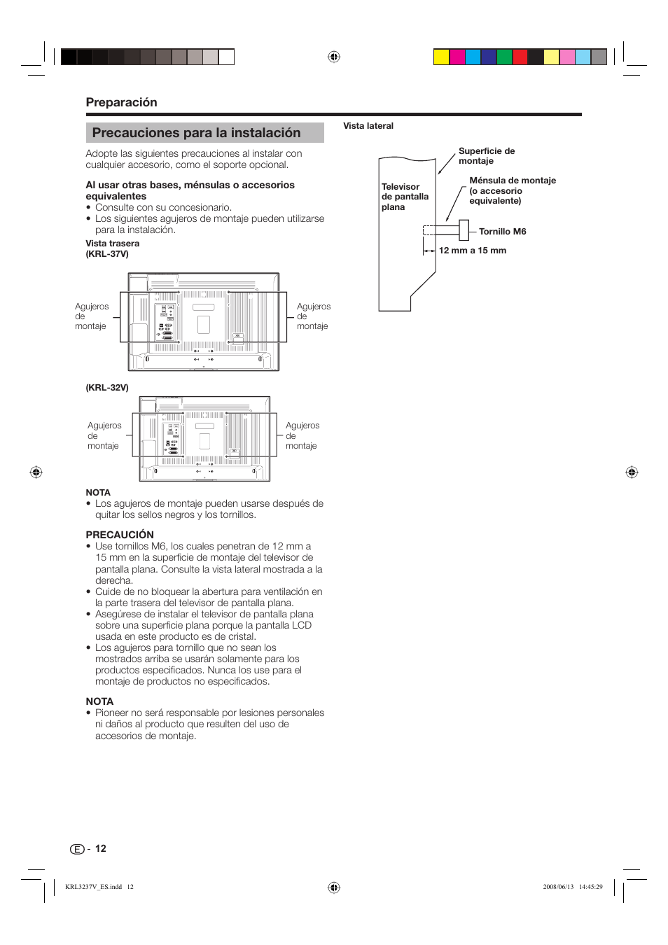 Precauciones para la instalación, Preparación | Pioneer KRL-37V User Manual | Page 254 / 338