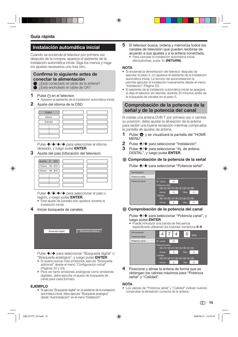 Instalación automática inicial, Guía rápida, Comprobación de la potencia de la señal | Comprobación de la potencia del canal | Pioneer KRL-37V User Manual | Page 257 / 338