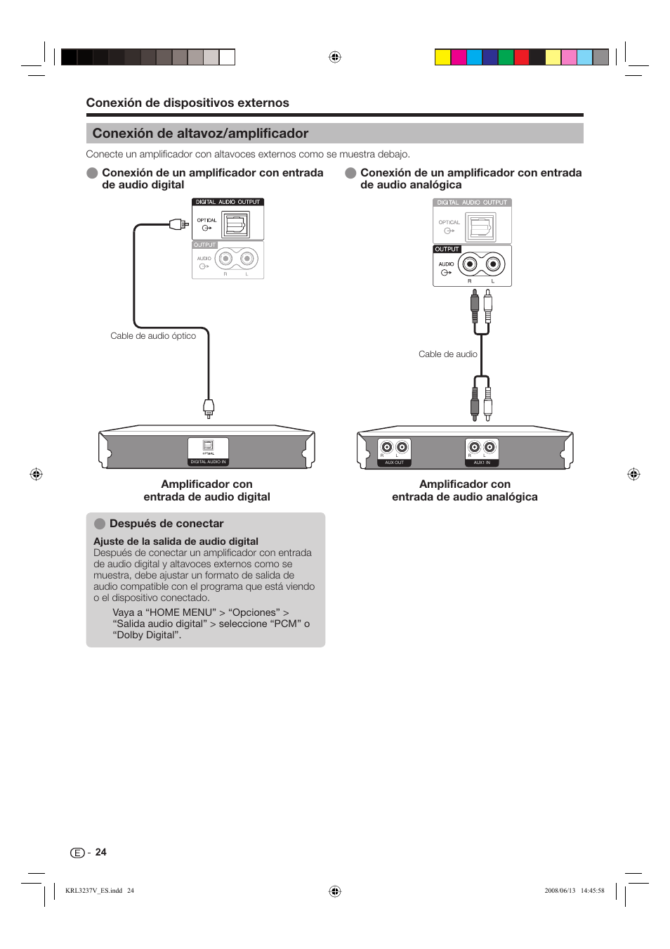 Conexión de altavoz/amplificador, Conexión de dispositivos externos, Después de conectar | Pioneer KRL-37V User Manual | Page 266 / 338