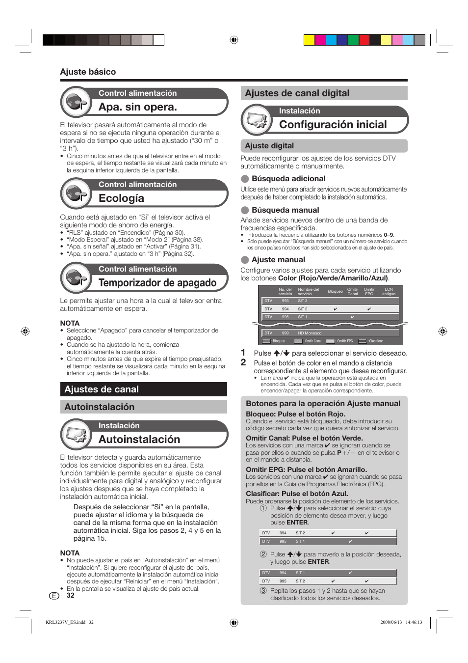 Apa. sin opera, Ecología, Temporizador de apagado | Autoinstalación, Configuración inicial, Ajustes de canal autoinstalación, Ajustes de canal digital, Ajuste básico, Control alimentación, Instalación | Pioneer KRL-37V User Manual | Page 274 / 338