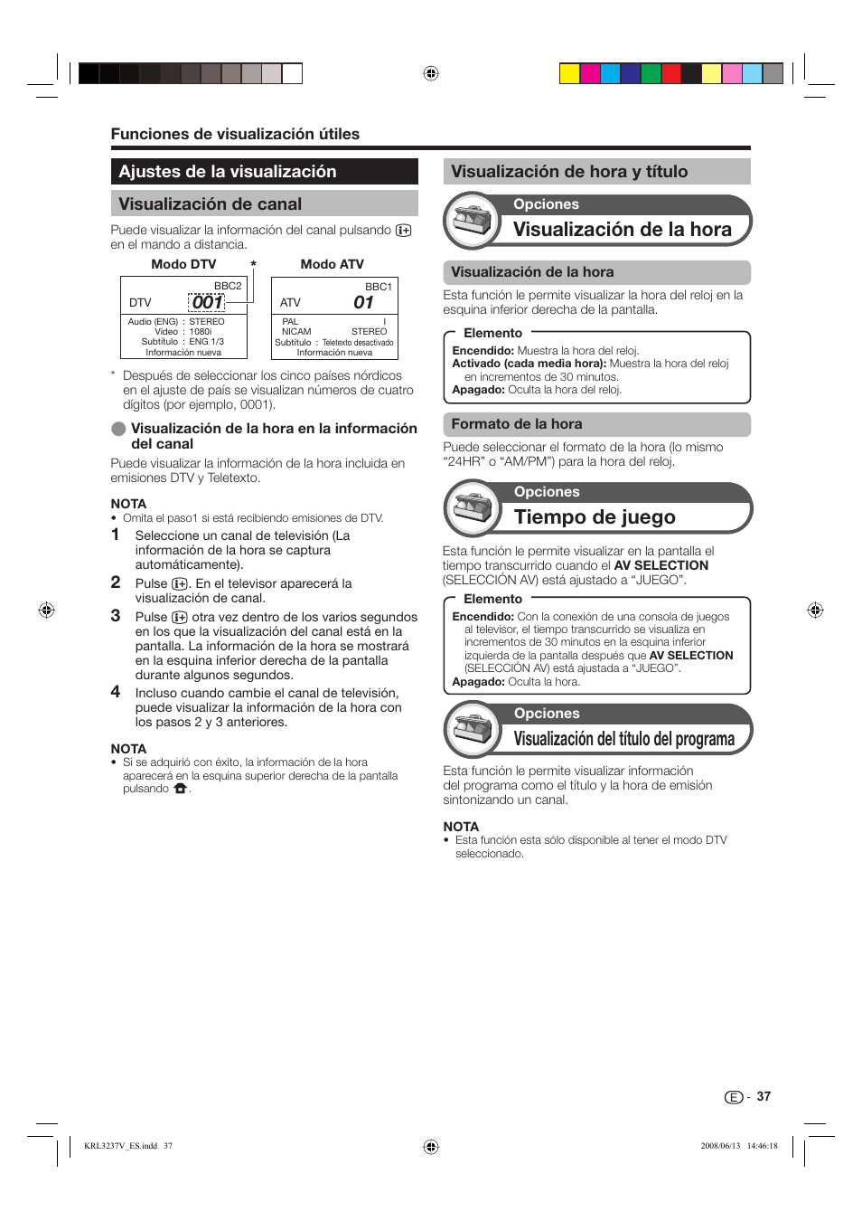 Visualización de la hora, Tiempo de juego, Visualización del título del programa | Ajustes de la visualización visualización de canal, Visualización de hora y título, Funciones de visualización útiles | Pioneer KRL-37V User Manual | Page 279 / 338
