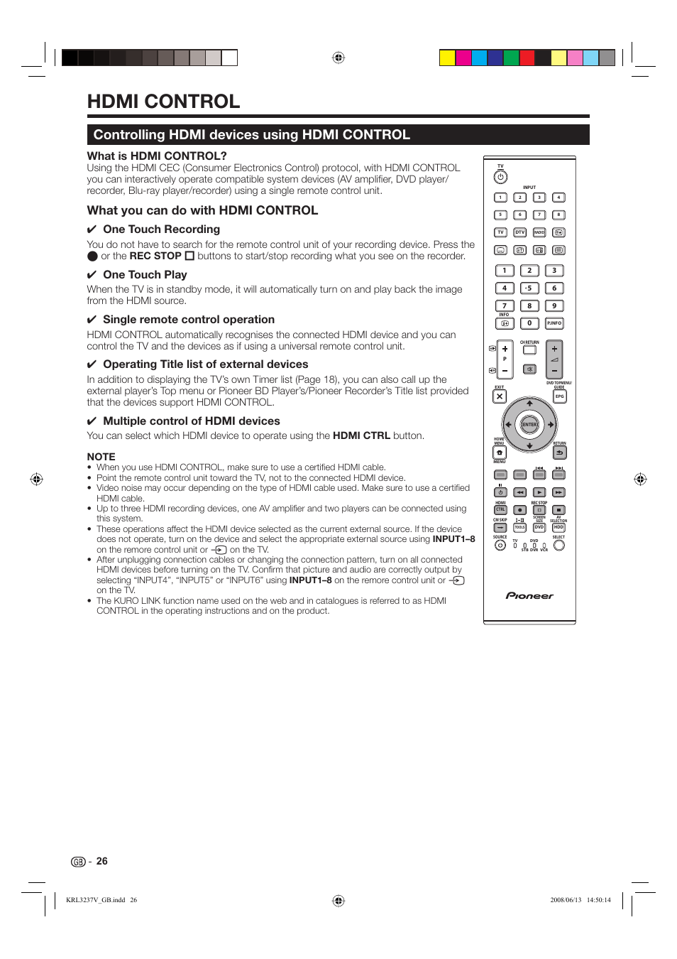Hdmi control, Controlling hdmi devices using hdmi control, What you can do with hdmi control | What is hdmi control, One touch recording, One touch play, Single remote control operation, Operating title list of external devices, Multiple control of hdmi devices | Pioneer KRL-37V User Manual | Page 28 / 338