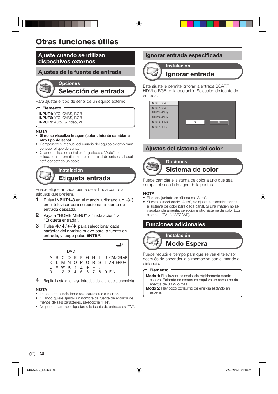 Otras funciones útiles, Selección de entrada, Etiqueta entrada | Ignorar entrada, Modo espera, Sistema de color, Ajustes del sistema del color, Funciones adicionales, Ignorar entrada especificada | Pioneer KRL-37V User Manual | Page 280 / 338