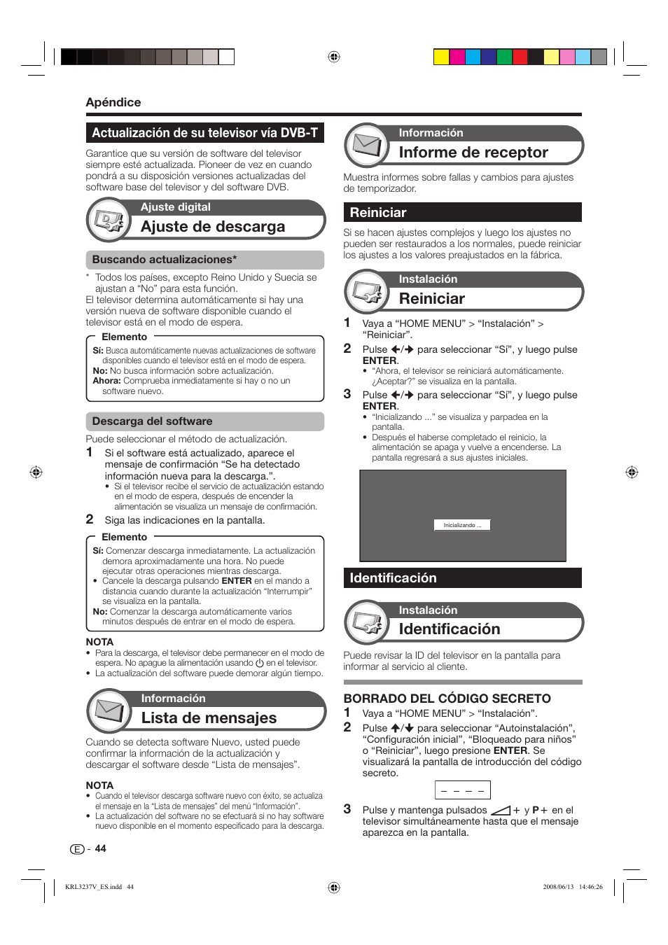 Ajuste de descarga, Lista de mensajes, Reiniciar | Identificación, Informe de receptor, Actualización de su televisor vía dvb-t | Pioneer KRL-37V User Manual | Page 286 / 338