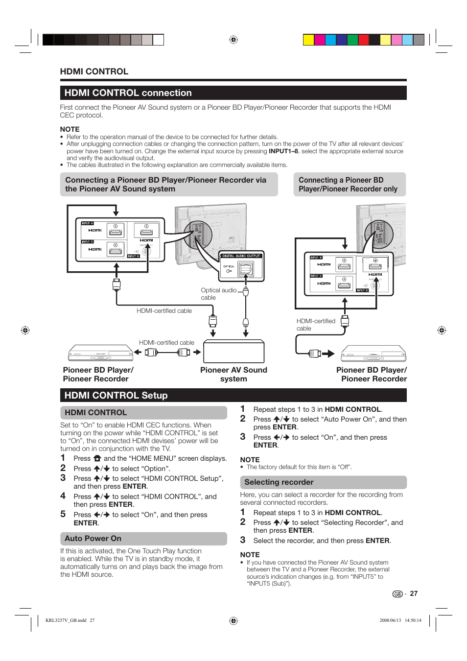 Hdmi control connection | Pioneer KRL-37V User Manual | Page 29 / 338