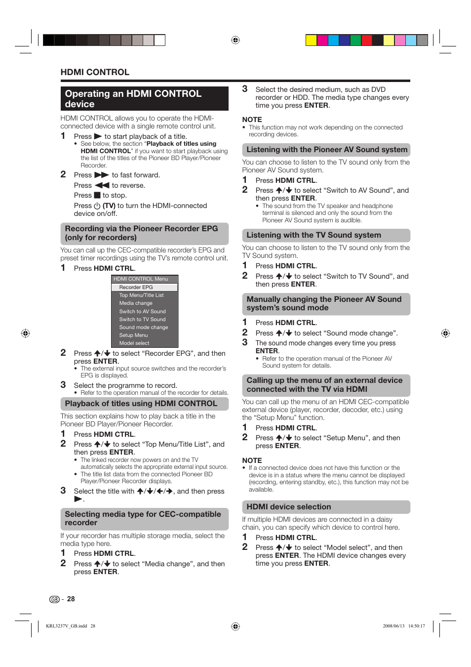 Operating an hdmi control device | Pioneer KRL-37V User Manual | Page 30 / 338