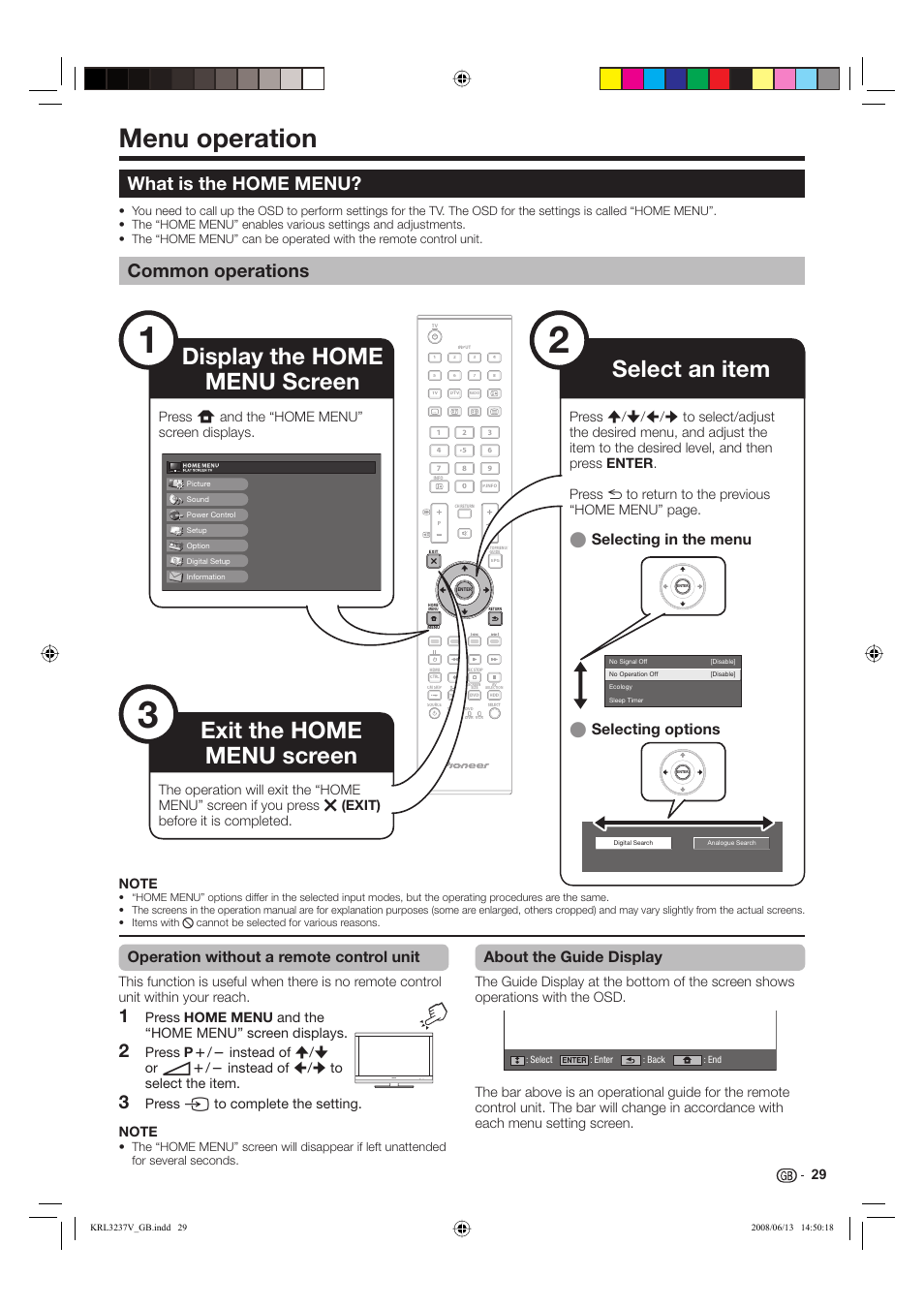 Menu operation, What is the home menu, Common operations | Operation without a remote control unit, About the guide display, Selecting in the menu e selecting options e | Pioneer KRL-37V User Manual | Page 31 / 338