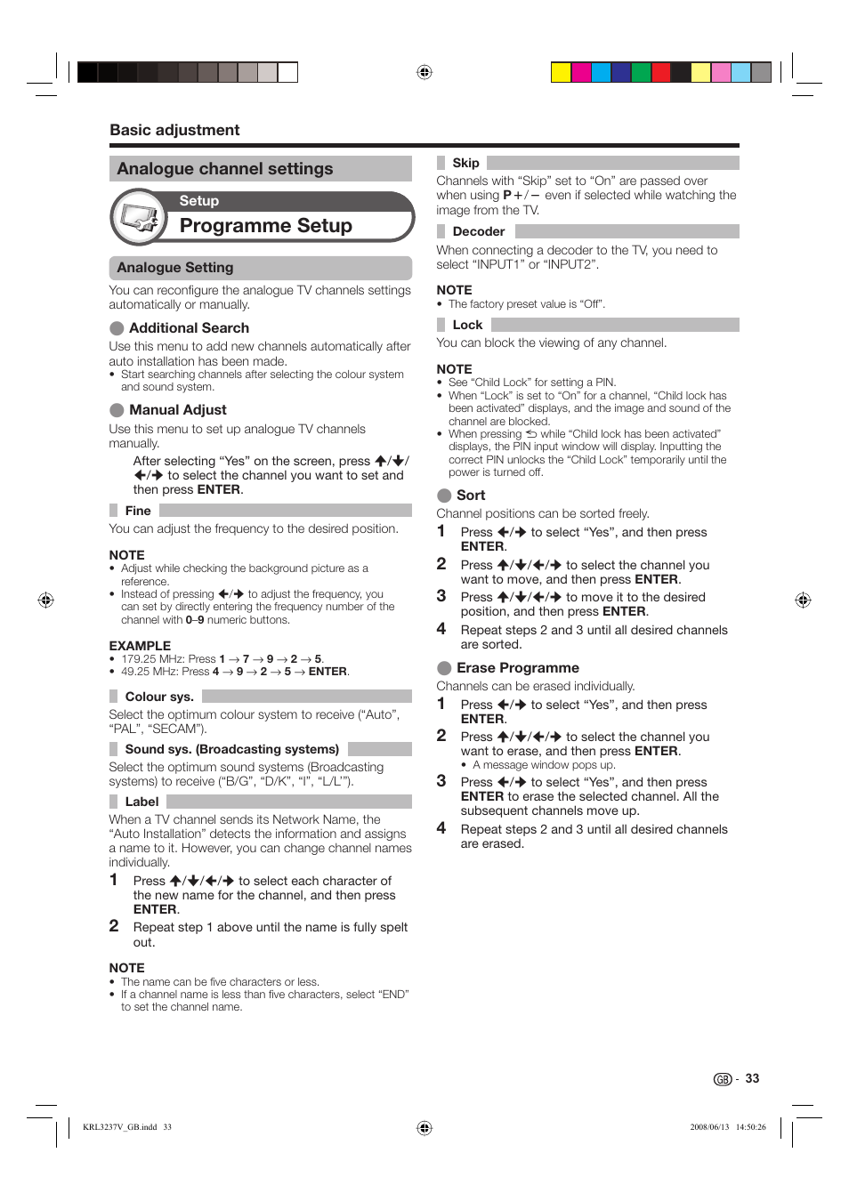 Programme setup, Analogue channel settings | Pioneer KRL-37V User Manual | Page 35 / 338