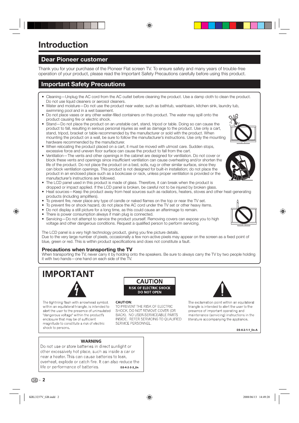 Introduction, Dear pioneer customer, Important safety precautions | Pioneer KRL-37V User Manual | Page 4 / 338