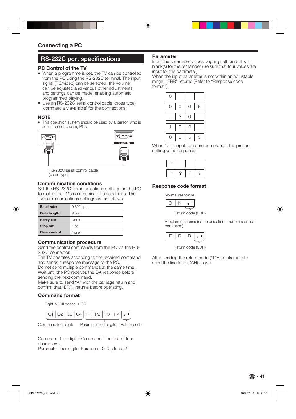 Rs-232c port specifications, Connecting a pc | Pioneer KRL-37V User Manual | Page 43 / 338