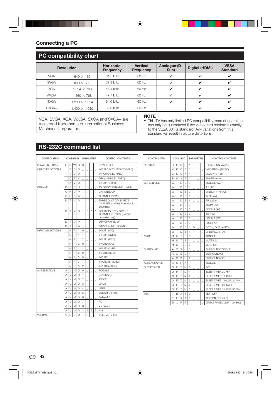 Pc compatibility chart, Rs-232c command list, Connecting a pc | Pioneer KRL-37V User Manual | Page 44 / 338