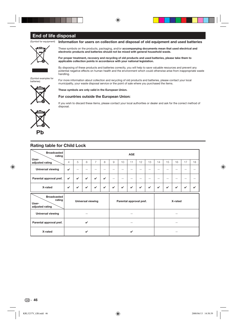 End of life disposal, Rating table for child lock | Pioneer KRL-37V User Manual | Page 48 / 338