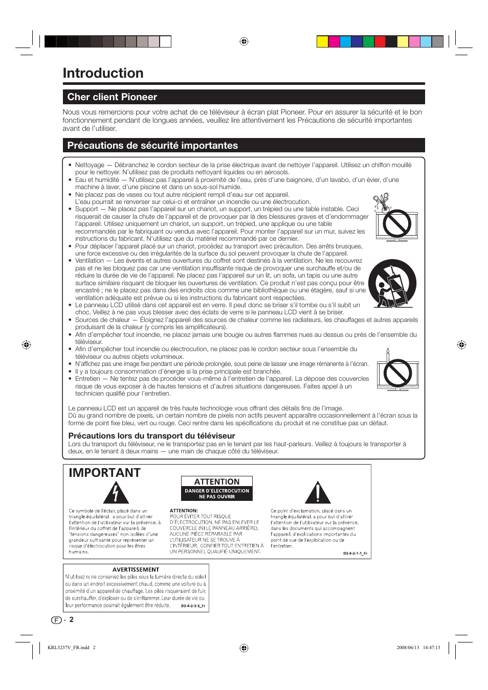 Introduction, Cher client pioneer, Précautions de sécurité importantes | Pioneer KRL-37V User Manual | Page 52 / 338