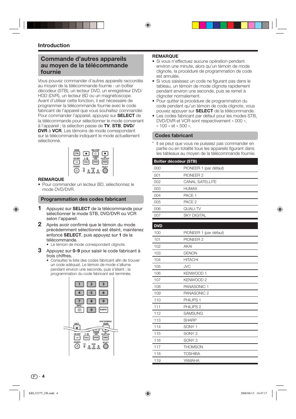 Introduction, Programmation des codes fabricant, Codes fabricant | Pioneer KRL-37V User Manual | Page 54 / 338