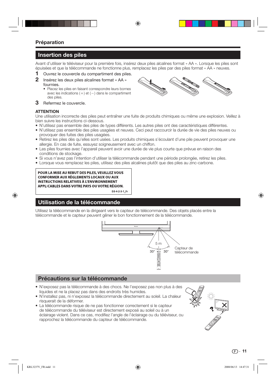 Insertion des piles, Précautions sur la télécommande, Utilisation de la télécommande | Pioneer KRL-37V User Manual | Page 61 / 338