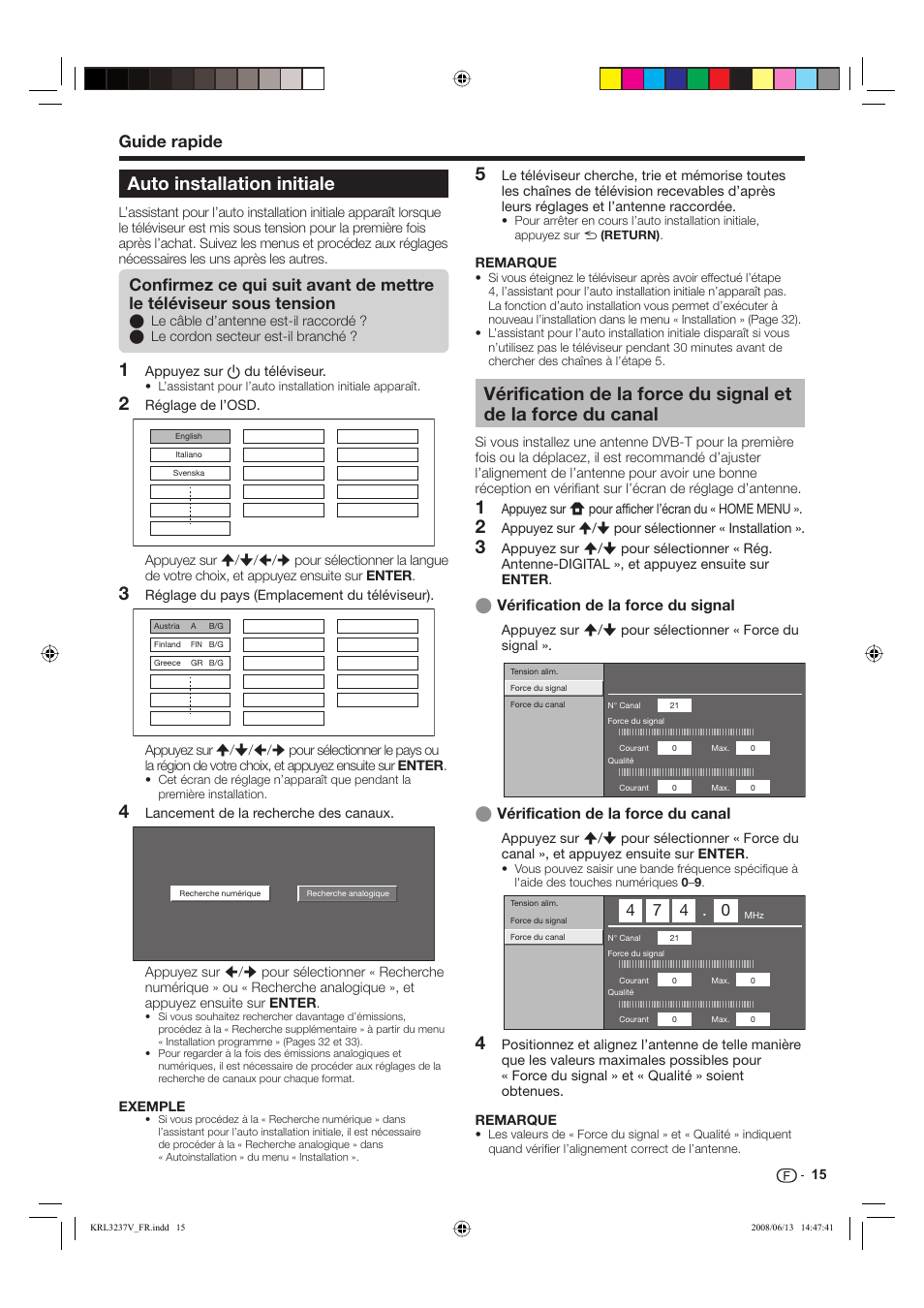 Auto installation initiale, Guide rapide, Vérification de la force du signal | Vérification de la force du canal | Pioneer KRL-37V User Manual | Page 65 / 338