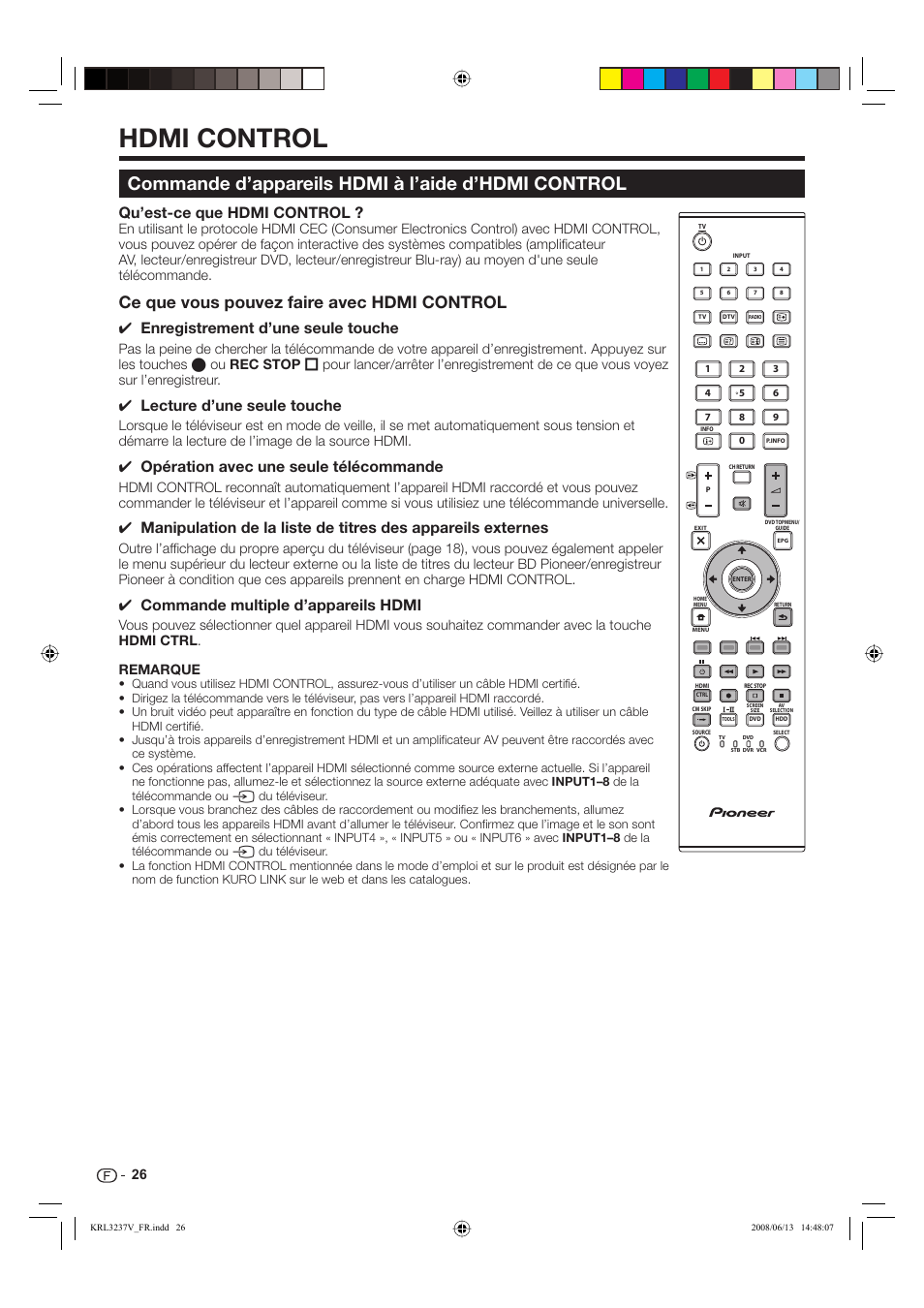 Hdmi control, Commande d’appareils hdmi à l’aide d’hdmi control, Ce que vous pouvez faire avec hdmi control | Qu’est-ce que hdmi control, Enregistrement d’une seule touche, Lecture d’une seule touche, Opération avec une seule télécommande, Commande multiple d’appareils hdmi | Pioneer KRL-37V User Manual | Page 76 / 338